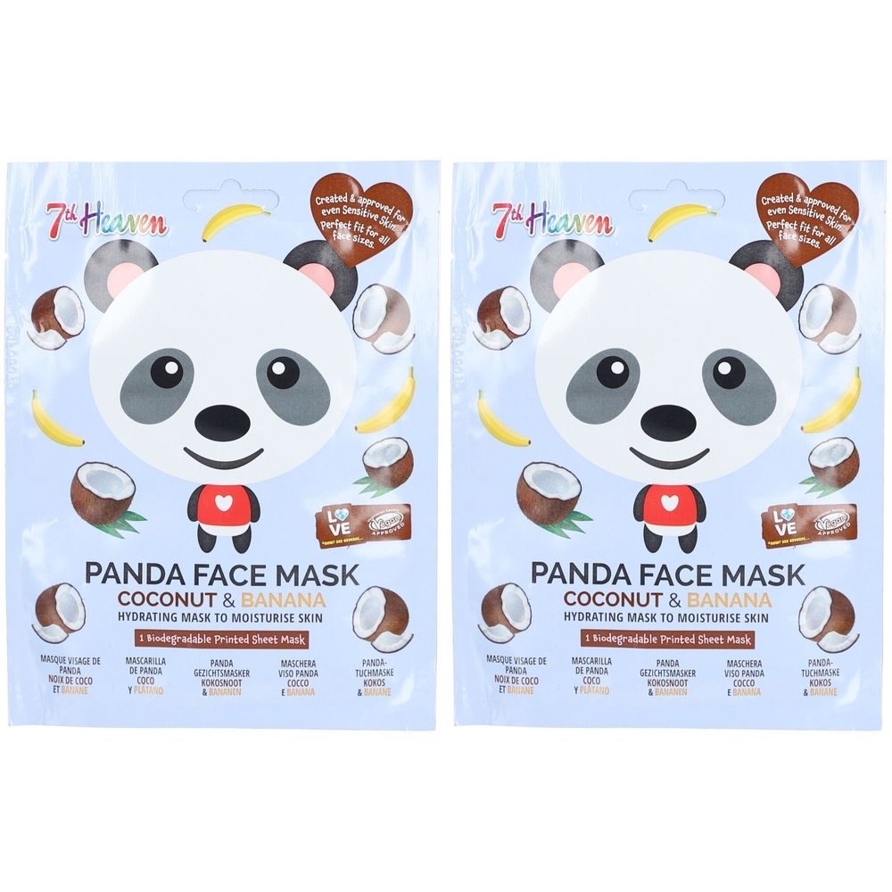Zwei Gesichtsmasken mit Panda-Design. Aufschrift: Panda Face Mask Coconut & Banana. Marke: 7th Heaven. Verpackung mit Kokosnuss- und Bananen-Illustrationen.