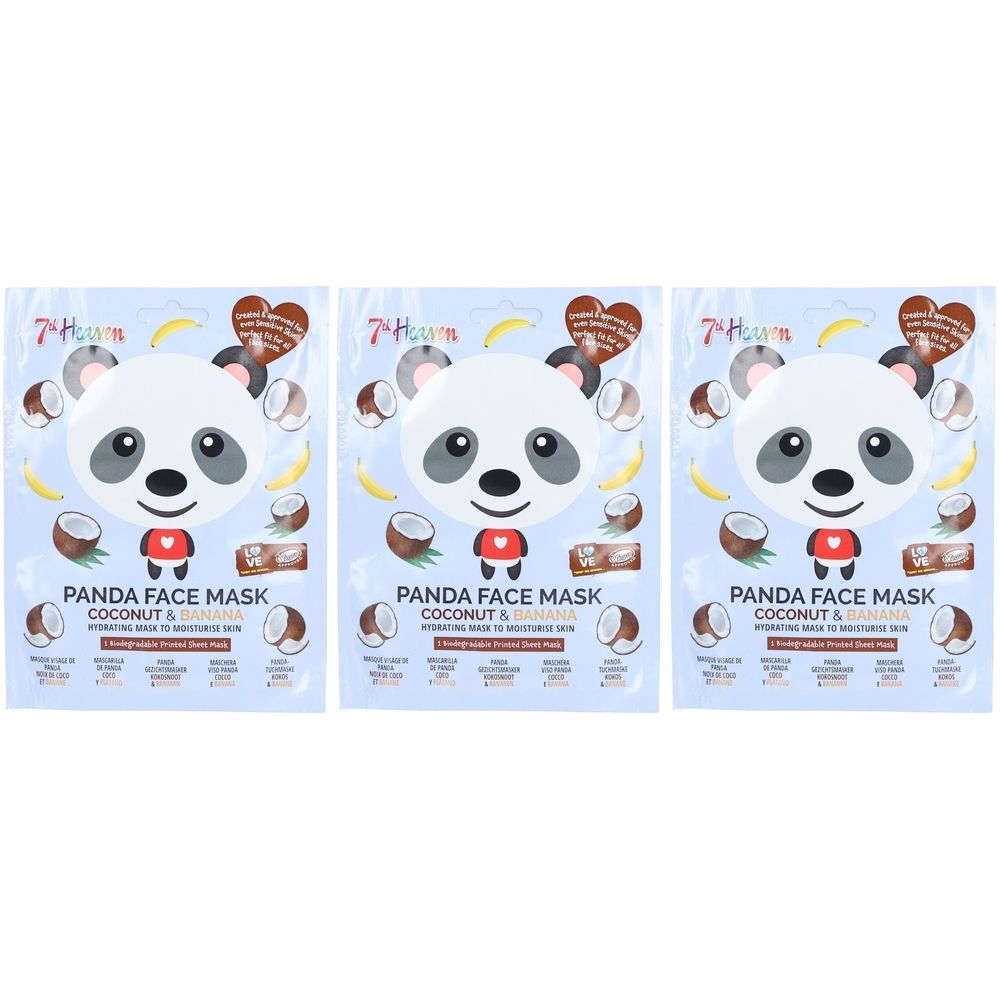 Drei Gesichtsmasken mit Panda-Design. Auf jeder Packung steht "Panda Face Mask Coconut & Banana".