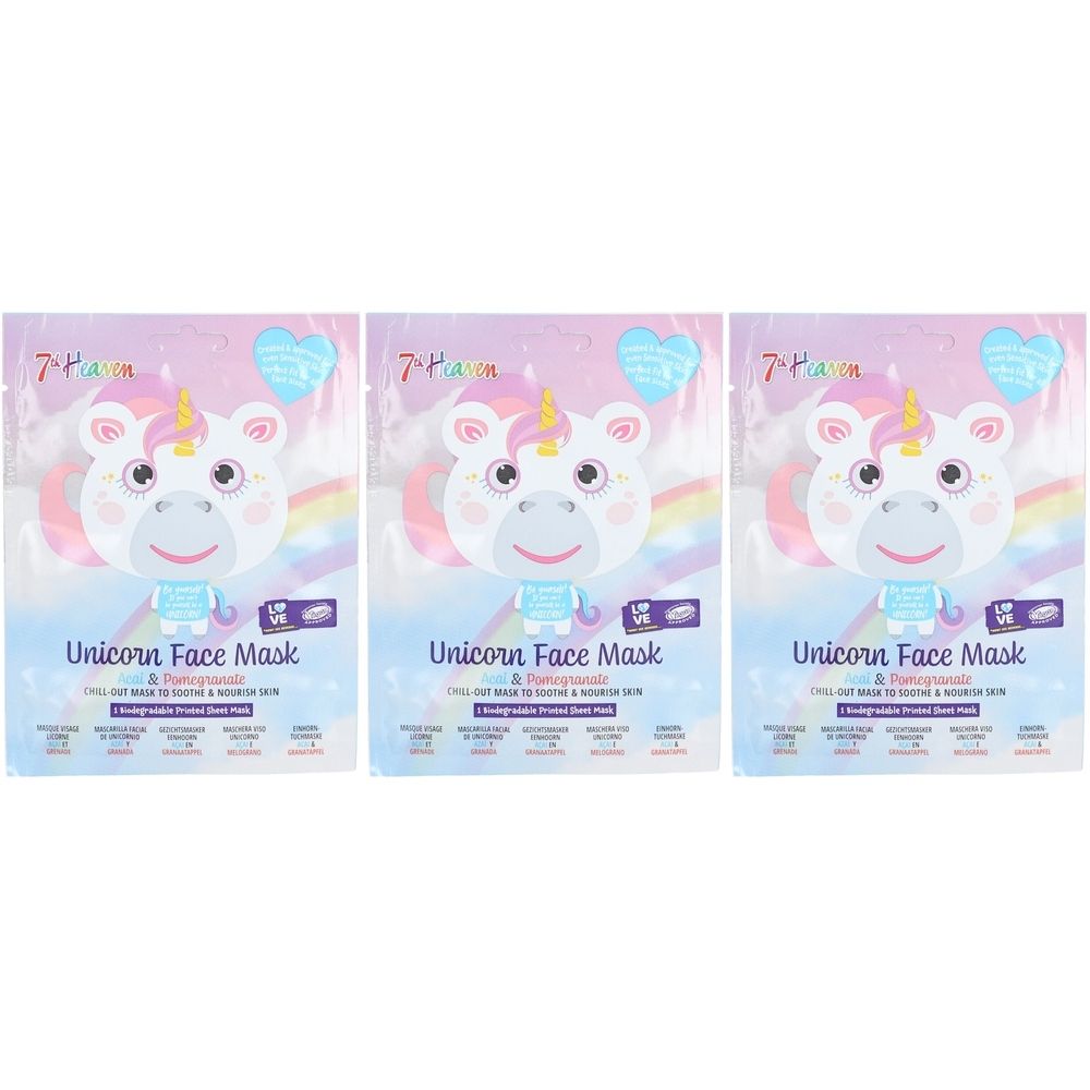 Trois emballages de masques faciaux avec un motif de licorne. Inscription: Unicorn Face Mask. Marque: 7th Heaven. Emballage avec arc-en-ciel et cœur.