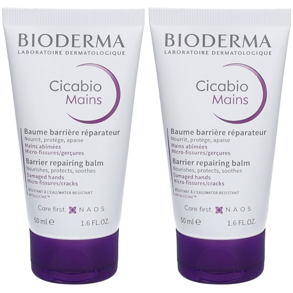 Zwei Tuben Handcreme. Weiß mit lila Akzenten. Aufschrift: Bioderma Cicabio Mains. Enthält Informationen zur Anwendung und Inhaltsstoffe.
