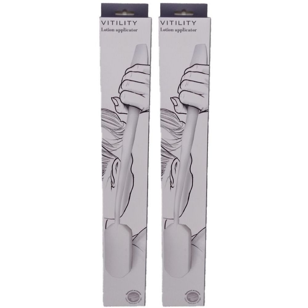 Deux emballages de l'applicateur de lotion. Inscription: VITILITY, Lotion applicator. Illustration: main tenant l'applicateur.