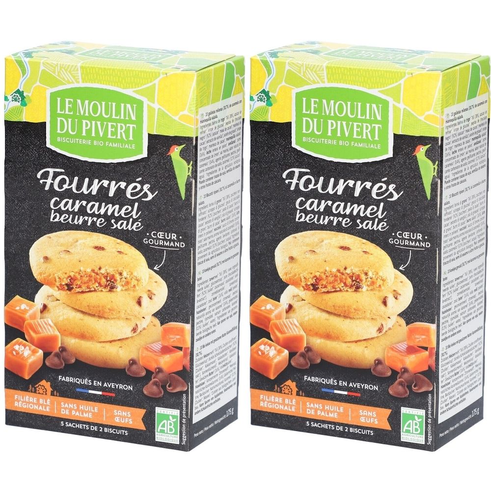 Deux boîtes de biscuits. Inscription: Fourrés caramel beurre salé. Logo AB. Marque: LE MOULIN DU PIVERT.