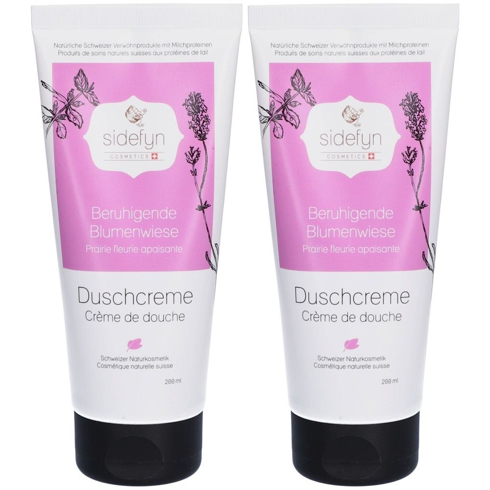 Deux tubes de crème de douche. Inscription : sidefyn, Beruhigende Blumenwiese, Duschcreme. Emballage rose et blanc avec bouchon noir.