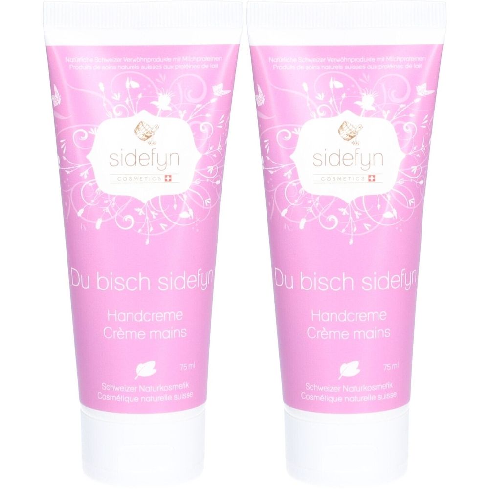 Zwei rosa Handcreme-Tuben mit weißem Deckel. Auf jeder Tube steht "sidefyn", "Handcreme" und "Crème mains".