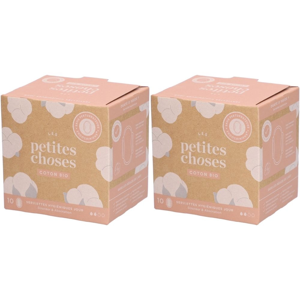 Zwei quadratische Kartons. Aufdruck: LES PETITES CHOSES, COTON BIO, 10 Stück. Rosa und beige Farbtöne.