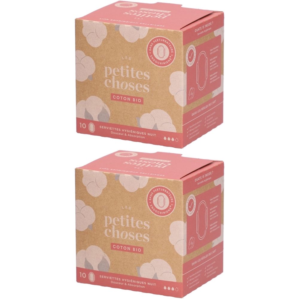 Zwei quadratische Kartons. Aufdruck: „petites choses“, „coton bio“, 10 Stück. Rosa und beige Verpackung mit Produktabbildung.