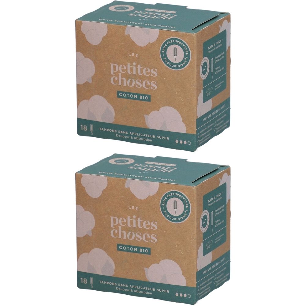 Zwei Kartons mit Tampons. Aufschrift: petites choses, Coton Bio, 18 Stück, ohne Applikator, Super.
