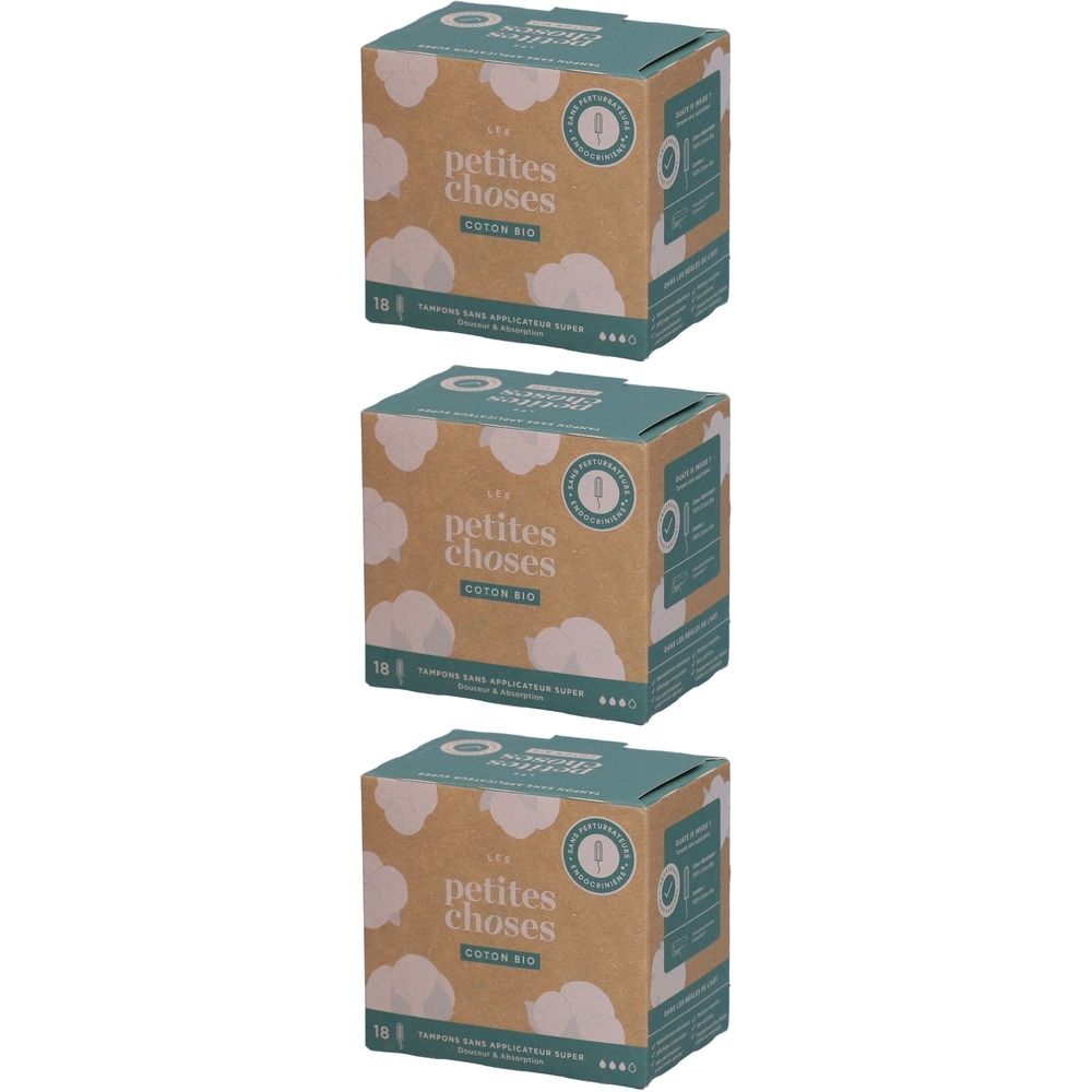 Drei quadratische Kartons. Aufdruck: LES PETITES CHOSES, Cotton Aid. Grün-braune Verpackung mit weißen Wolken. 16 Stück.