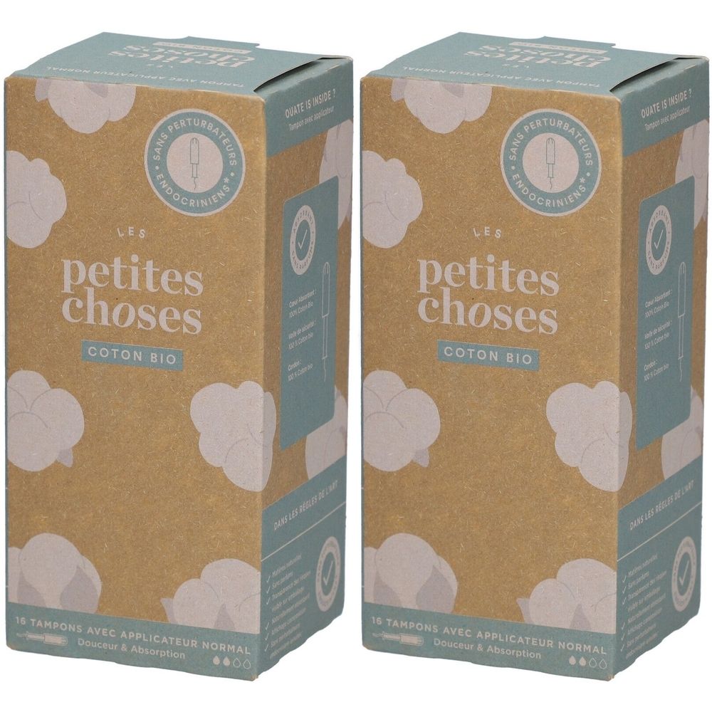 Zwei Kartons mit Tampons. Aufschrift: LES PETITES CHOSES COTON BIO. Mit Applikator. Ohne Parfümstoffe und endokrine Disruptoren.
