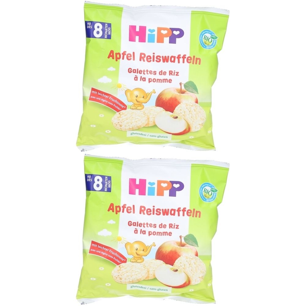 Deux paquets de galettes de riz à la pomme. Inscription : HIPP, Apfel Reiswaffeln, Galettes de Riz à la pomme. Label bio.