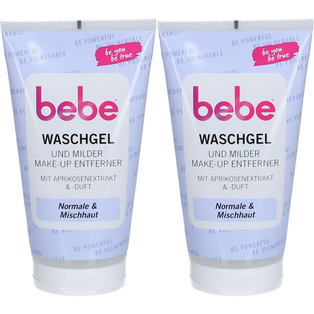 Deux tubes de gel lavant bebe. Inscription: Démaquillant doux pour les yeux avec extrait d'abricot. Pour peaux normales et mixtes.