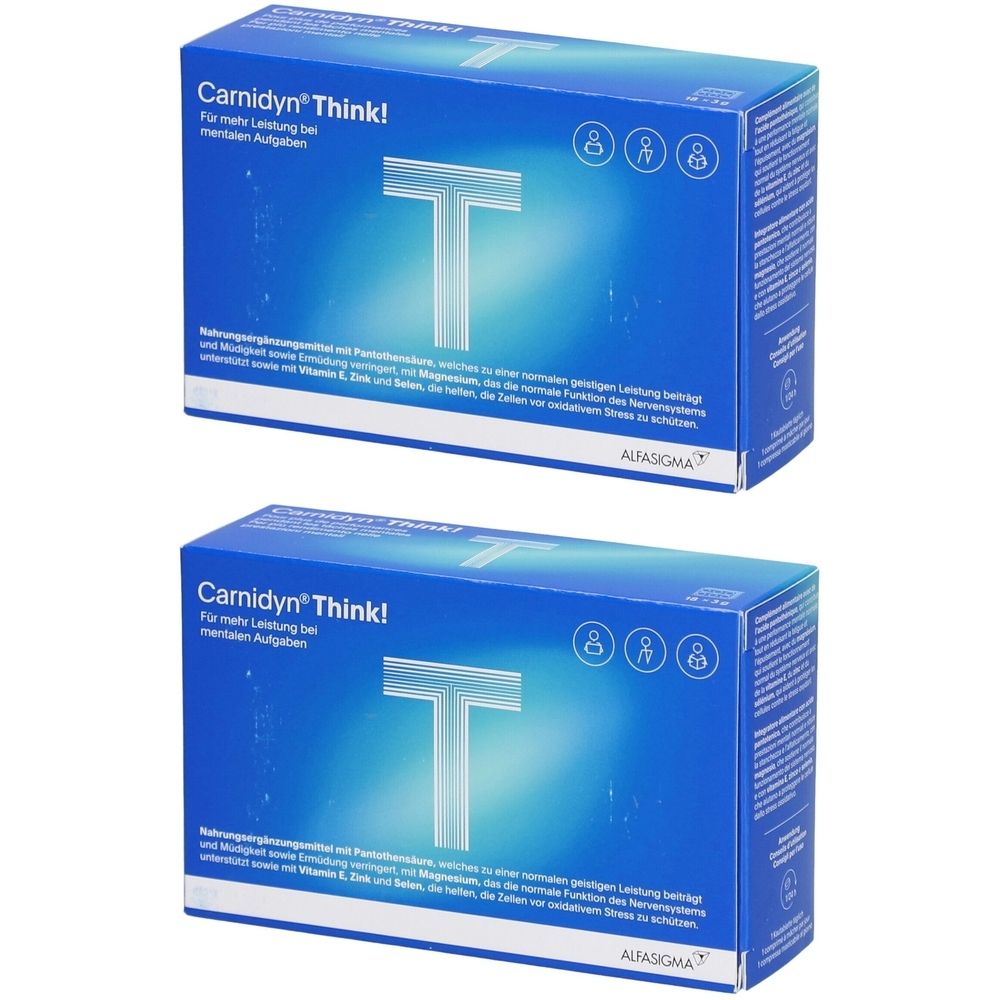 Deux boîtes bleues avec l'inscription "Carnidyn Think!". Un grand "T" blanc sur le devant.
