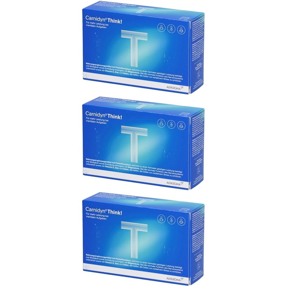 Trois boîtes bleues avec texte blanc. Chaque boîte affiche "Carnidyn Think!". Un symbole "T" blanc et d'autres symboles sont visibles.