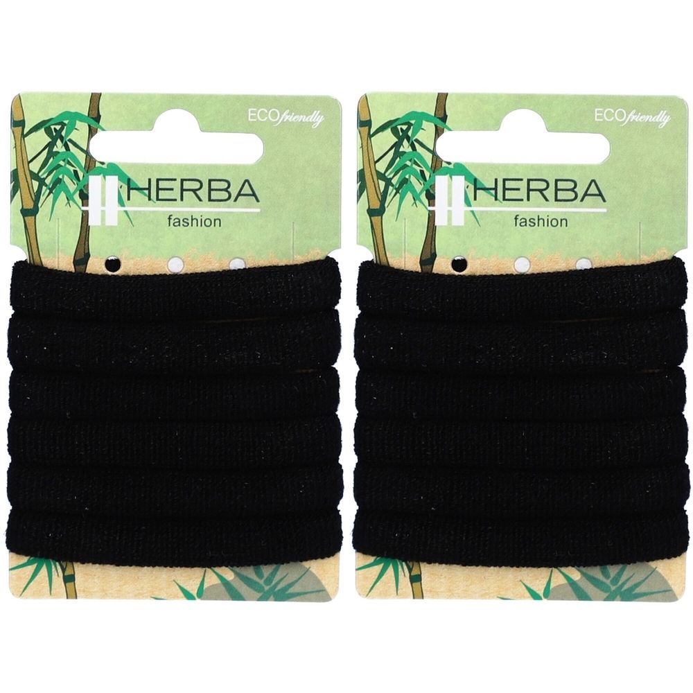 Zwei Packungen schwarzer Haargummis. Jede Packung enthält mehrere Gummis, präsentiert auf Pappkarten mit Logo und Bambus-Design.