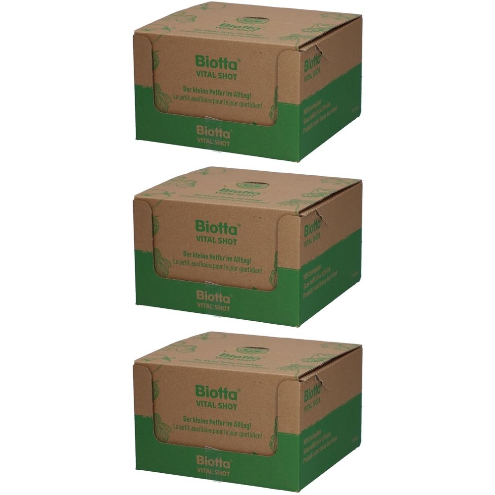 Drei Kartons mit Biotta Vital Shot Echinacea. Kartons aus Pappe mit grünen und braunen Farbtönen. Aufdruck: Biotta Vital Shot.