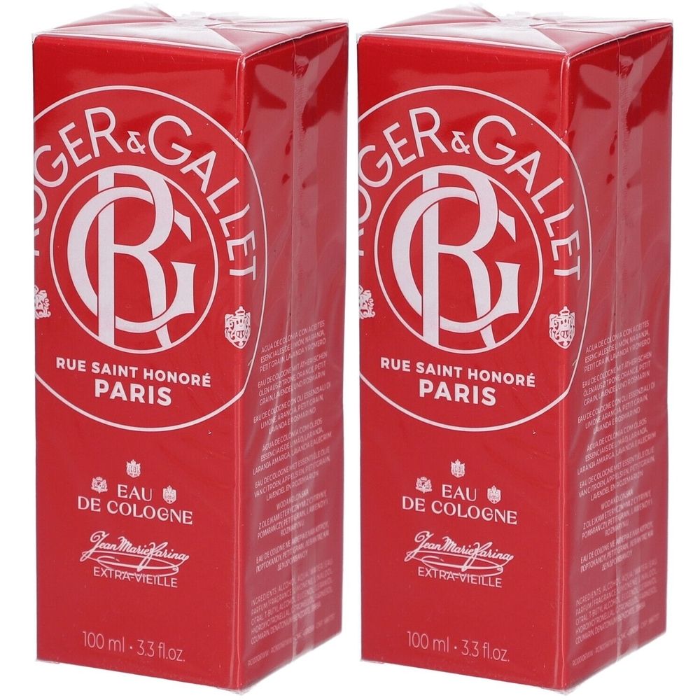 Deux boîtes rouges Roger & Gallet Eau de Cologne. Logo blanc. Texte: Rue Saint Honoré Paris. Extra Vieille.