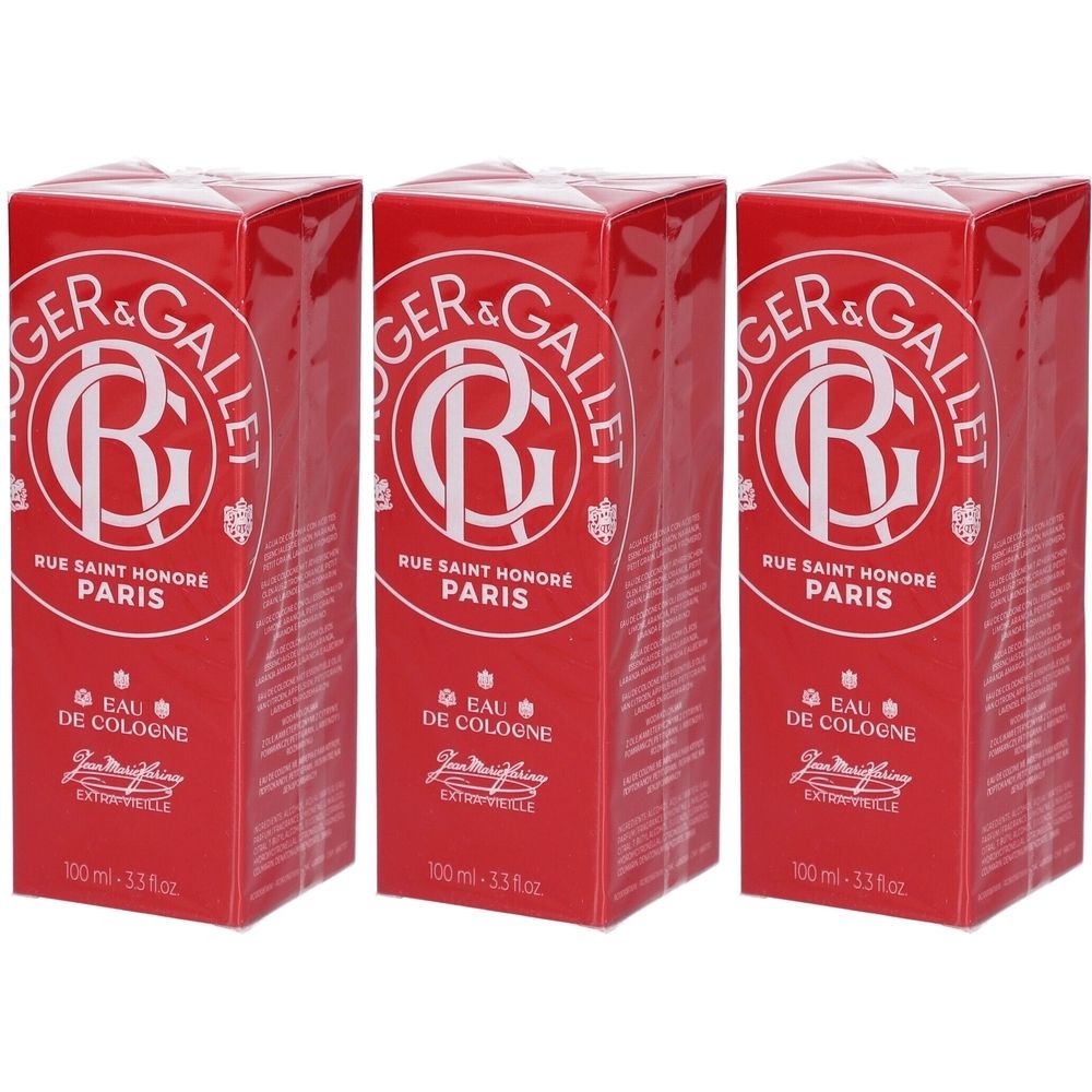 Trois boîtes rouges avec logo et texte blancs. Inscription : Roger & Gallet, Eau de Cologne, Rue Saint Honoré Paris.