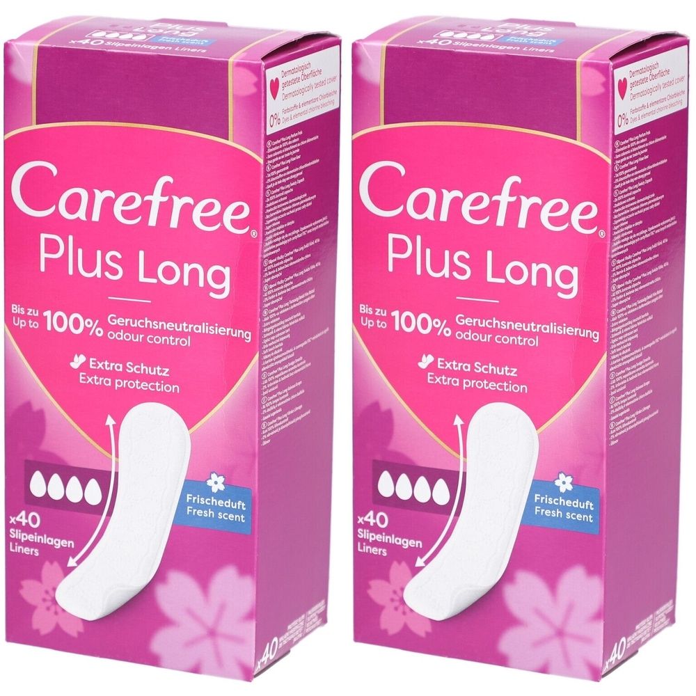 Deux boîtes de protège-slips Carefree Plus Long. Emballage rose avec image du produit et texte. 40 unités.