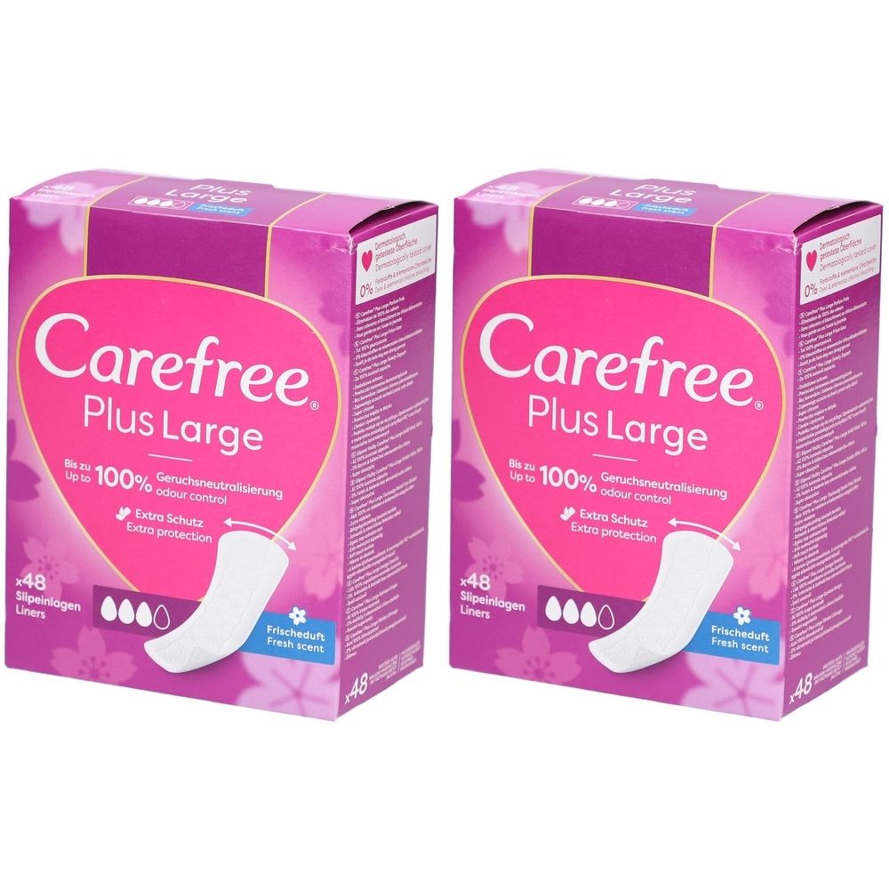 Zwei Packungen Carefree Plus Large. Rosa Verpackung mit Produktabbildung. Text: 100% Geruchsneutralisierung, Extra Schutz. 48 Slipeinlagen.