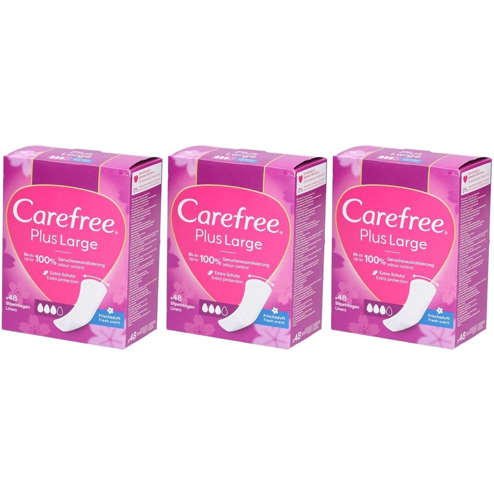 Drei Packungen Carefree Plus Large. Rosa Verpackung mit Produktabbildung und Schriftzug. 48 Stück.