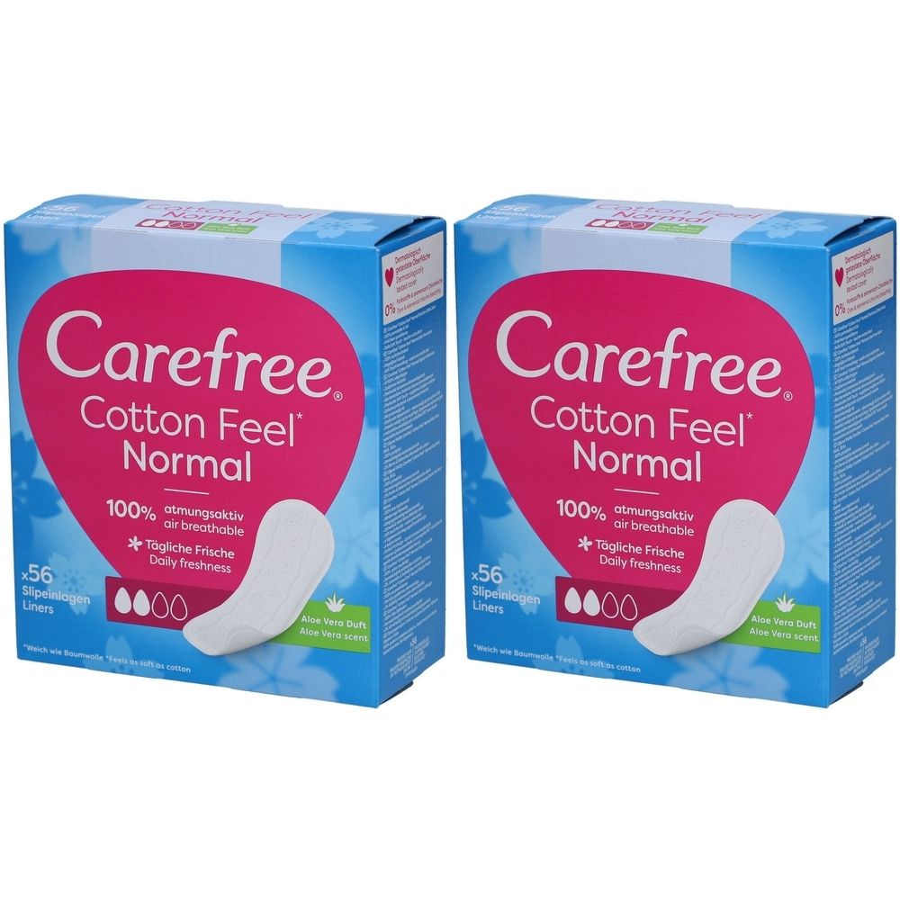 Zwei Packungen Carefree Cotton Feel Normal. Blaue Verpackung mit rosa Herz und Produktabbildung. Enthält 56 Slipeinlagen.