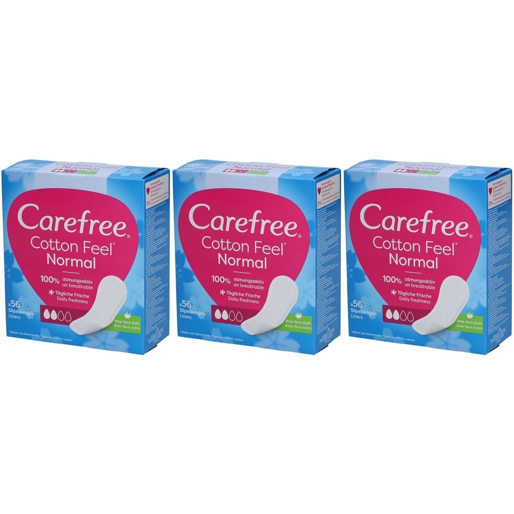 Drei Schachteln Carefree Cotton Feel Normal. Auf jeder Schachtel sind Binden abgebildet. Text: 100% atmungsaktiv, täglicher Schutz.