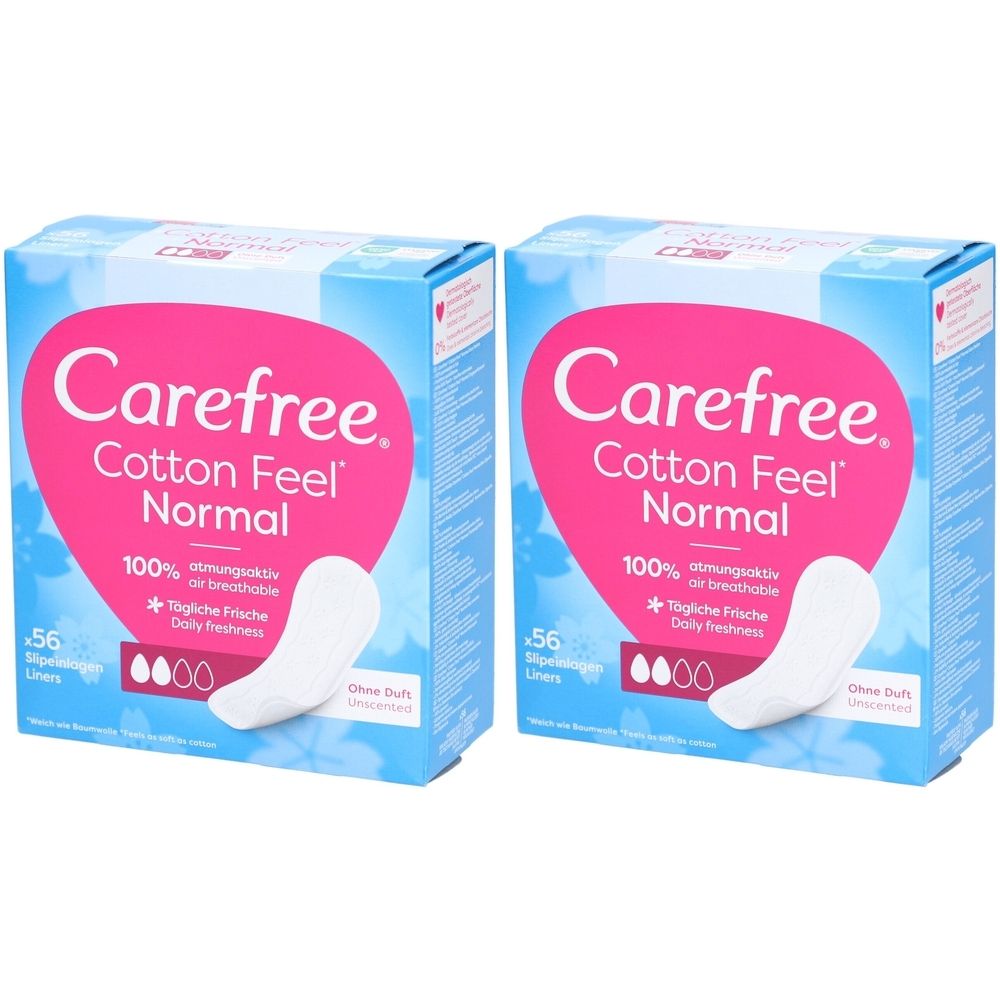 Deux boîtes de protège-slips Carefree Cotton Feel Normal. Emballage bleu avec cœur rose. Contient 56 pièces. Inscription : 100% respirant, fraîcheur quotidienne.