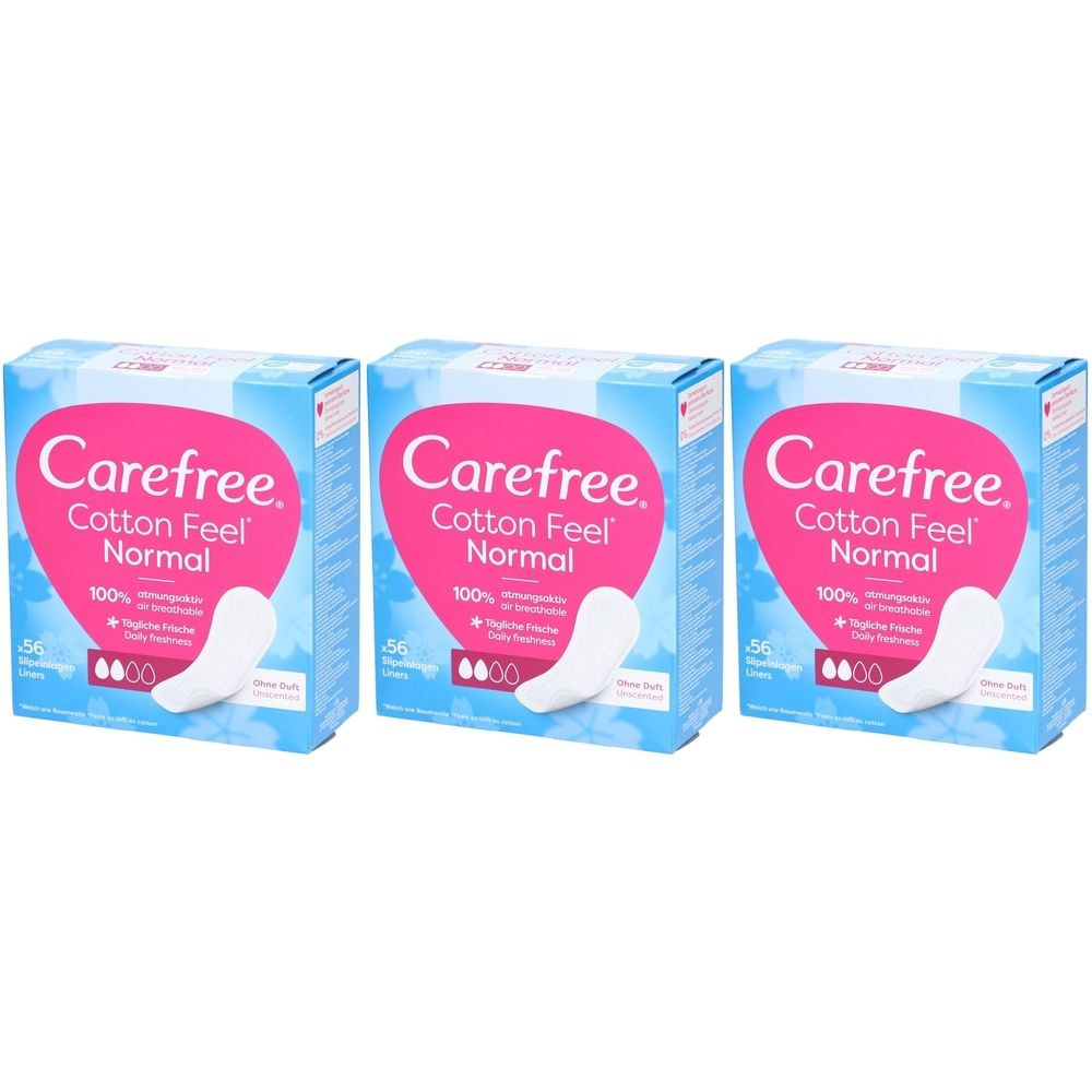 Trois boîtes de protège-slips Carefree Cotton Feel Normal. Logo rose avec nom et caractéristiques du produit. 56 unités.
