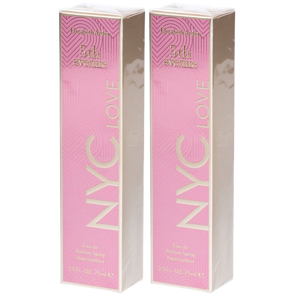 Zwei rechteckige rosa Schachteln. Aufschrift: Elizabeth Arden 5th Avenue NYC Love Eau de Parfum Spray. 2.5 FL. OZ. 75ml.