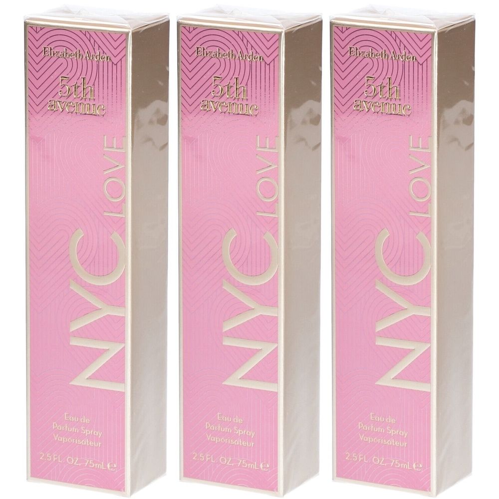 Drei rechteckige Schachteln mit rosa Vorderseite. Aufschrift: 5th Avenue NYC LOVE. Marke: Elizabeth Arden. Parfumspray.