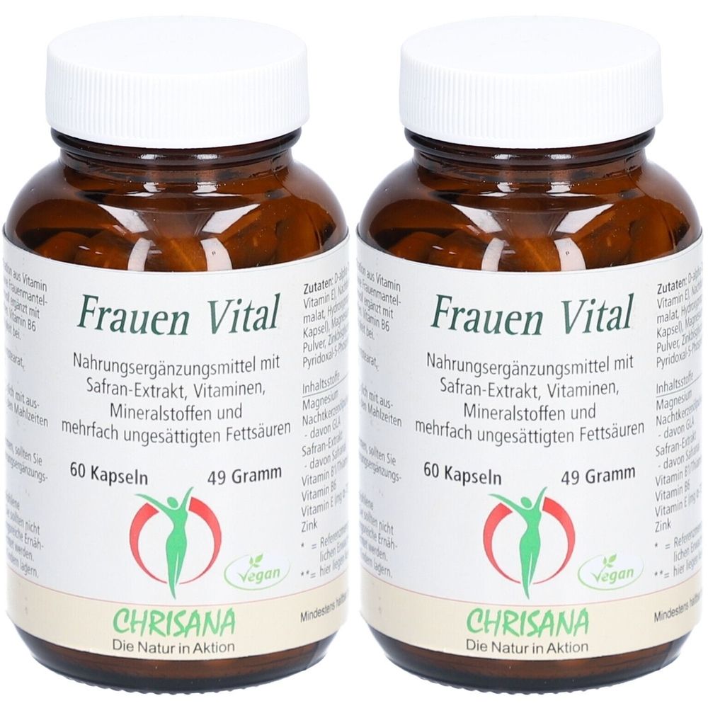 Zwei braune Flaschen mit weißen Deckeln. Auf den Etiketten steht "Frauen Vital" und "Chrisana". Enthält 60 Kapseln.