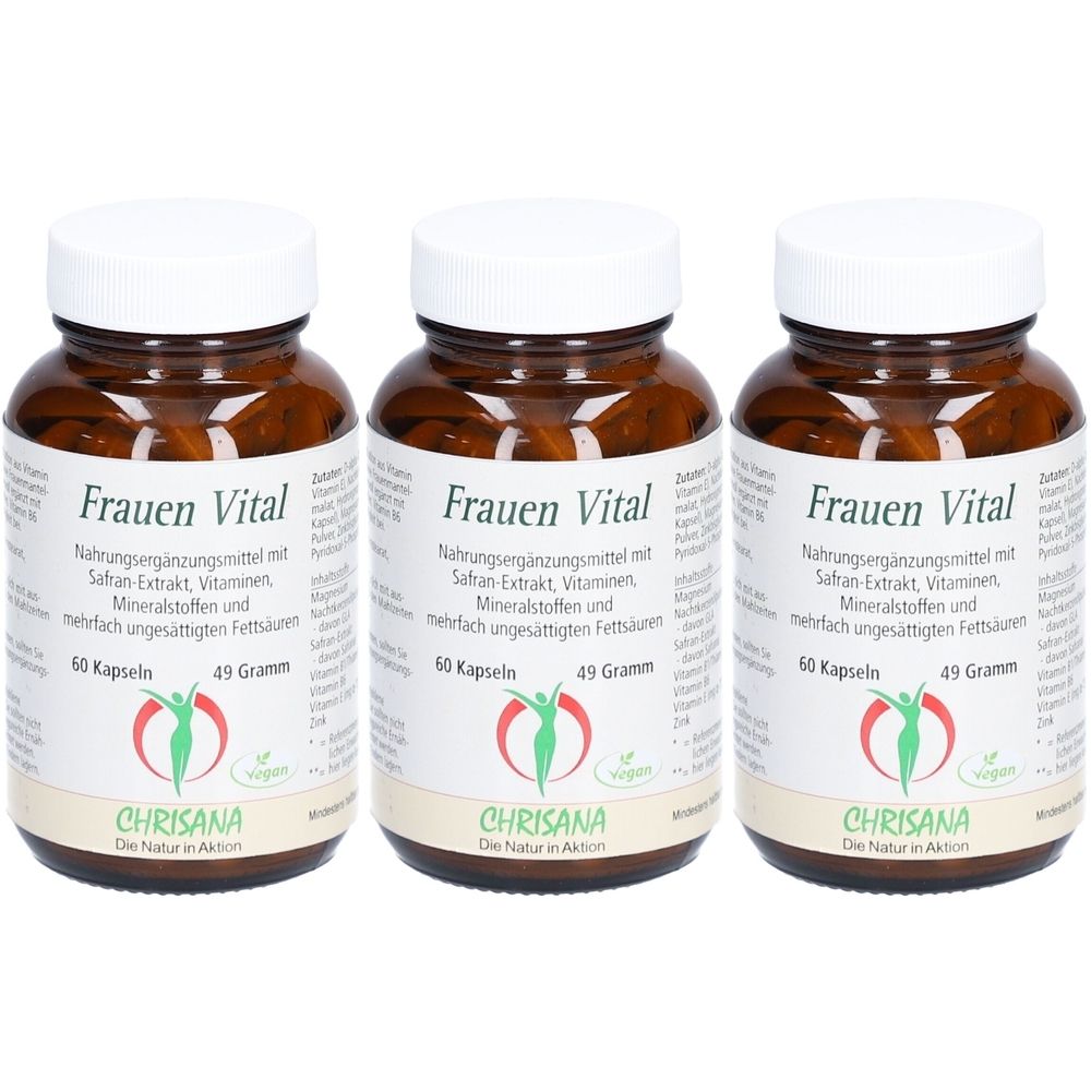 Drei braune Flaschen mit weißen Deckeln. Auf den Etiketten steht "Frauen Vital" und "CHRISANA". Jede Flasche enthält 60 Kapseln und 49 Gramm.