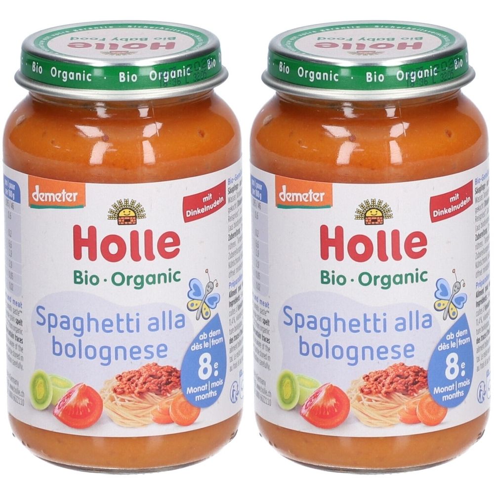 Deux pots de Spaghetti Bolognese Holle Bio-Organic. Pots avec couvercles, étiquettes avec nom du produit, logo Demeter et recommandation d'âge.