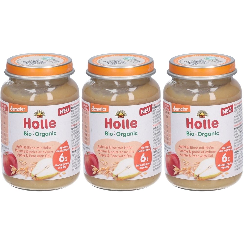 Drei Gläser Holle Bio-Organic Apfel & Birne mit Hafer. Gläser mit Deckel, Etikett mit Apfel, Birne und Hafer. Altersempfehlung: 6 Monate.