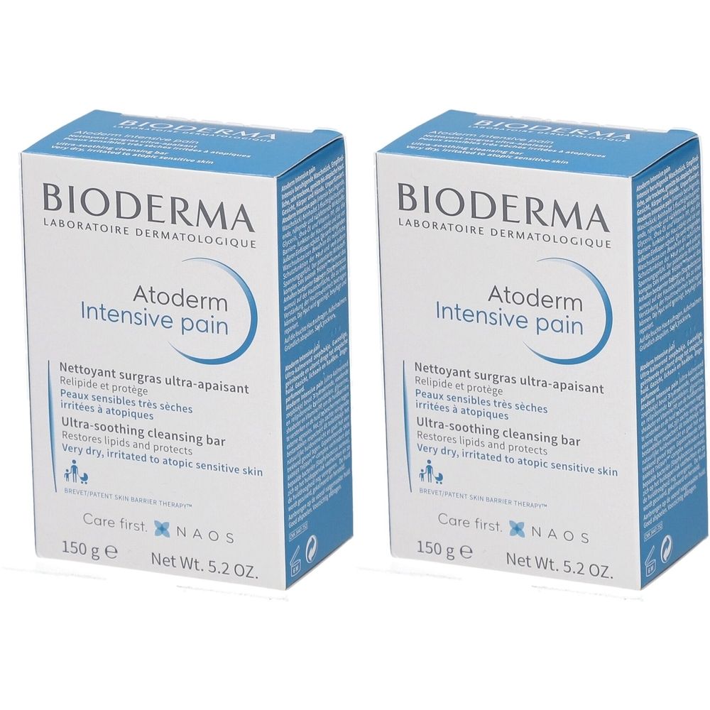 Zwei quadratische Kartons mit BIODERMA-Logo und Produktbezeichnung Atoderm Intensive pain. Blaue und weiße Verpackung.