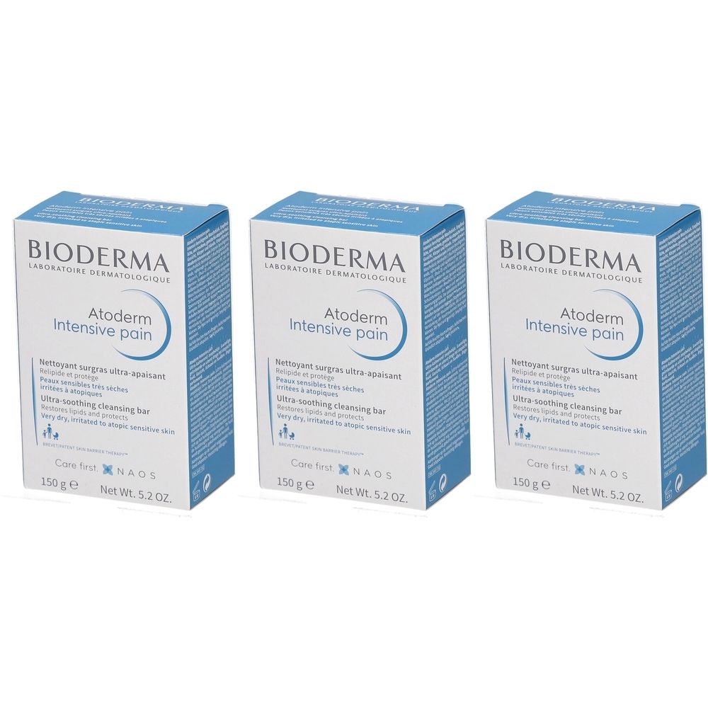 Drei Schachteln BIODERMA Atoderm Intensive pain. Blaue und weiße Verpackung. Text: "Ultra soothing cleansing bar".