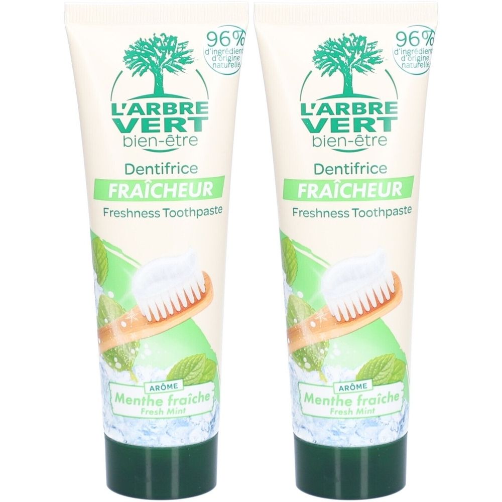 Zwei Tuben Zahnpasta. Aufschrift: L'ARBRE VERT, Dentifrice Fraîcheur, Menthe fraîche. 96% natürliche Inhaltsstoffe.