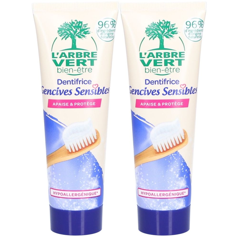 Zwei Tuben Zahnpasta. Aufschrift: L'ARBRE VERT, Dentifrice Gencives Sensibles, Hypoallergenique.