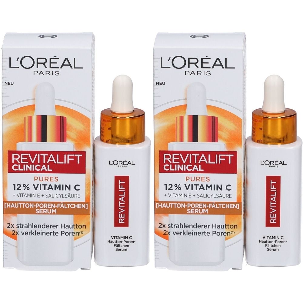 Drei Flakons und Verpackungen von L'Oréal Revitalift Clinical Serum. Weißes Flakon mit goldener Kappe und Pipette. Verpackung mit Produktinformationen.