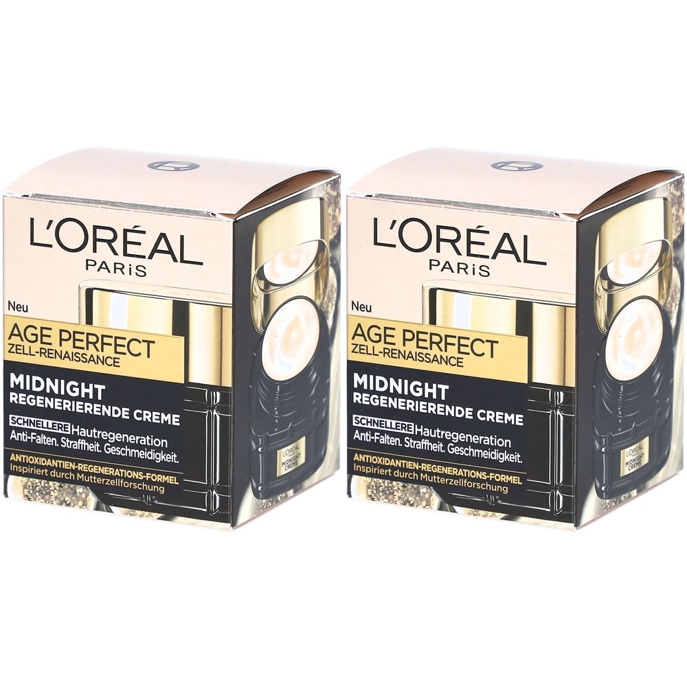 Deux boîtes de crème de nuit L'Oréal Age Perfect. Emballage noir avec des accents dorés. Inscription : Midnight Crème régénérante.