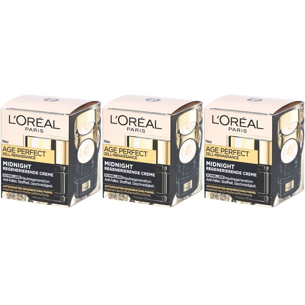 Drei Schachteln L'Oréal Age Perfect Nachtcreme. Schwarze Verpackung mit goldenen Akzenten und Produktnamen.