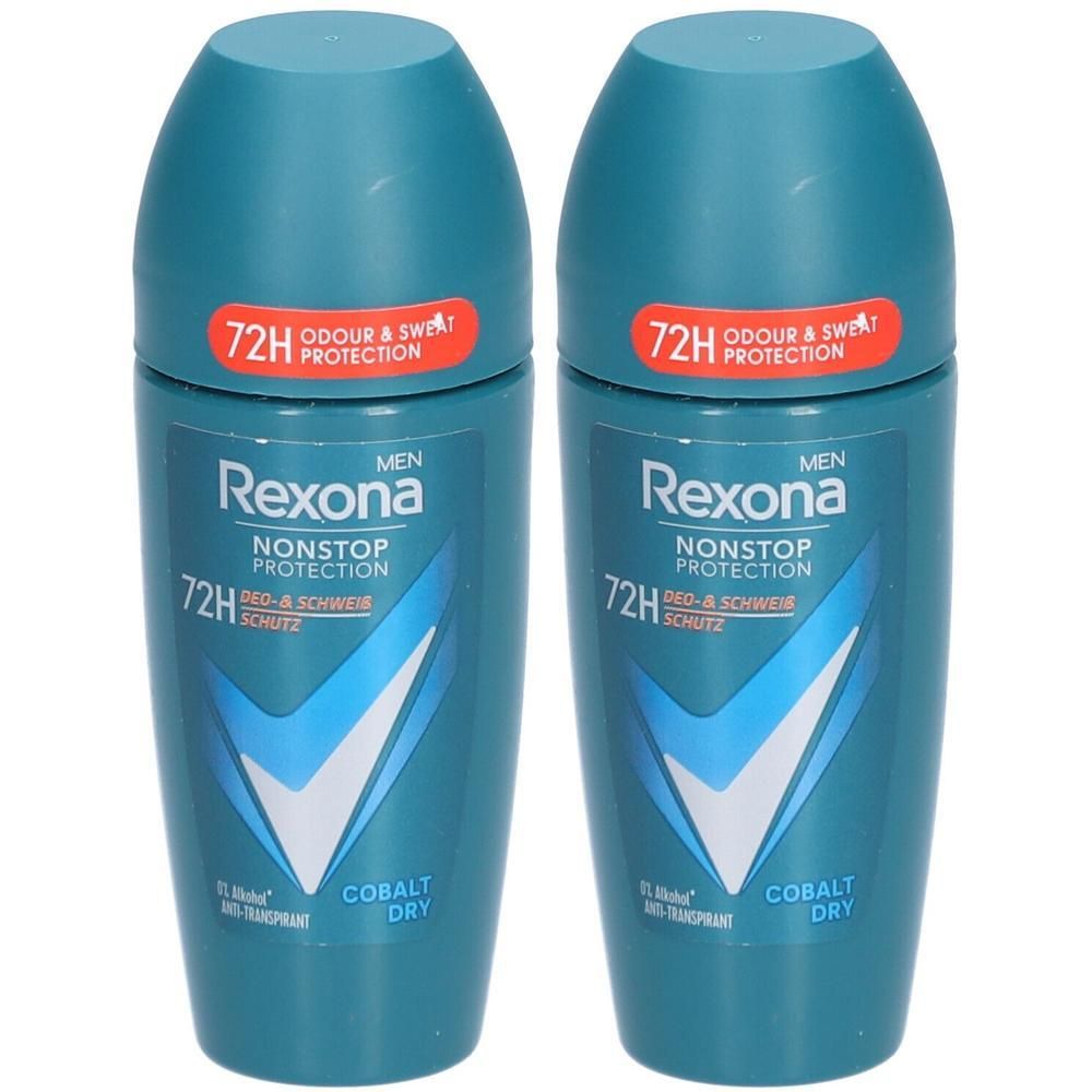 Deux déodorants roll-on bleus. Inscription: Rexona Men, Cobalt Dry, protection 72H. Logo V blanc.