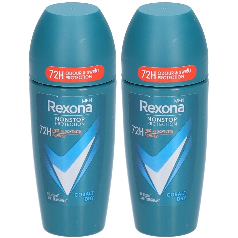 Zwei blaue Roll-on-Deodorants. Aufschrift: Rexona Men, Nonstop Protection, 72H Schutz. Orangefarbener Aufkleber: Odour & Sweat Protection.