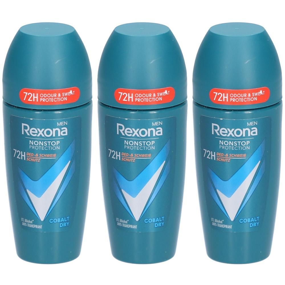 Trois déodorants roll-on bleus. Inscription: Rexona Men, Cobalt Dry, protection 72H. Logo blanc avec flèche bleue.