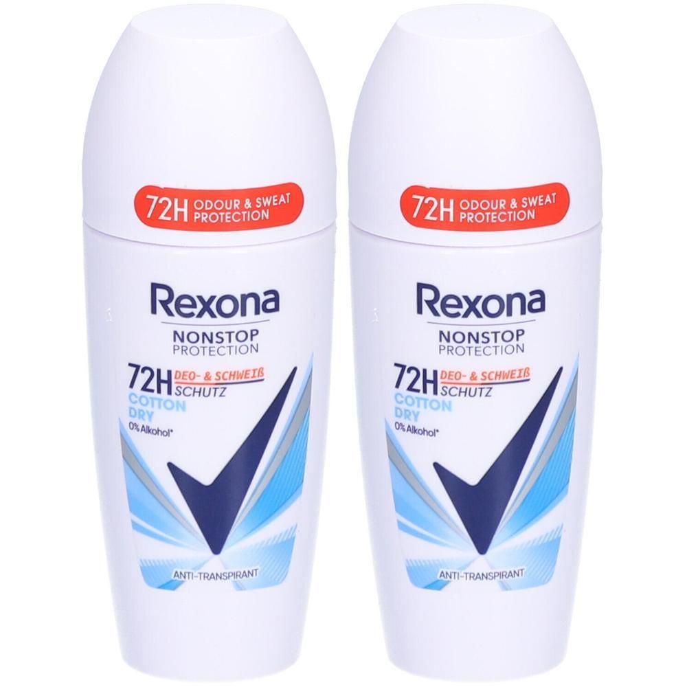 Deux déodorants roll-on blancs. Rexona Nonstop Protection, protection 72h. Accents bleus et rouges.