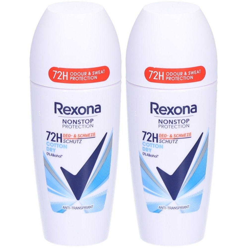 Zwei weiße Roll-on-Deodorants. Aufschrift: Rexona, Nonstop Protection, 72H, Cotton Dry. Roter Aufkleber: 72H Odour & Sweat Protection.