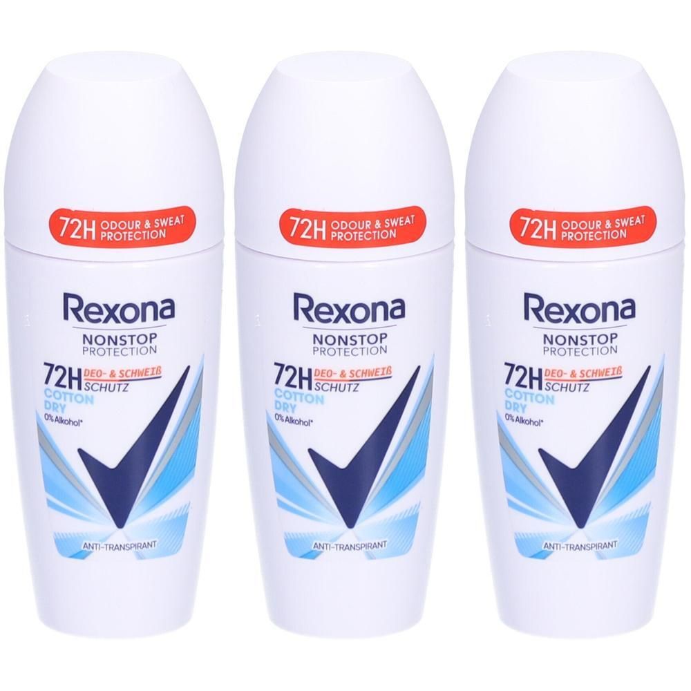 Trois roll-ons Rexona antitranspirants blancs. Autocollant rouge avec texte. Graphique bleu et blanc. Texte noir.