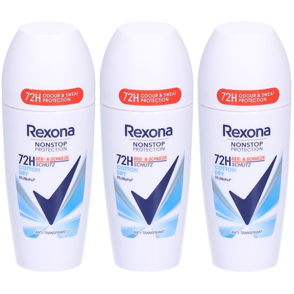 Drei weiße Roll-on-Deodorants. Aufschrift: Rexona, Nonstop Protection, 72H Schutz, Cotton Dry. Roter Aufkleber: 72H Odour & Sweat Protection.