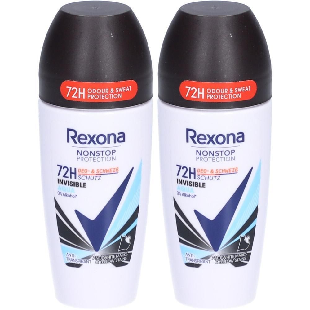 Deux déodorants roll-on. Flacons blancs avec bouchons noirs. Éléments graphiques bleus et noirs. Texte: Rexona, Nonstop Protection, 72H.