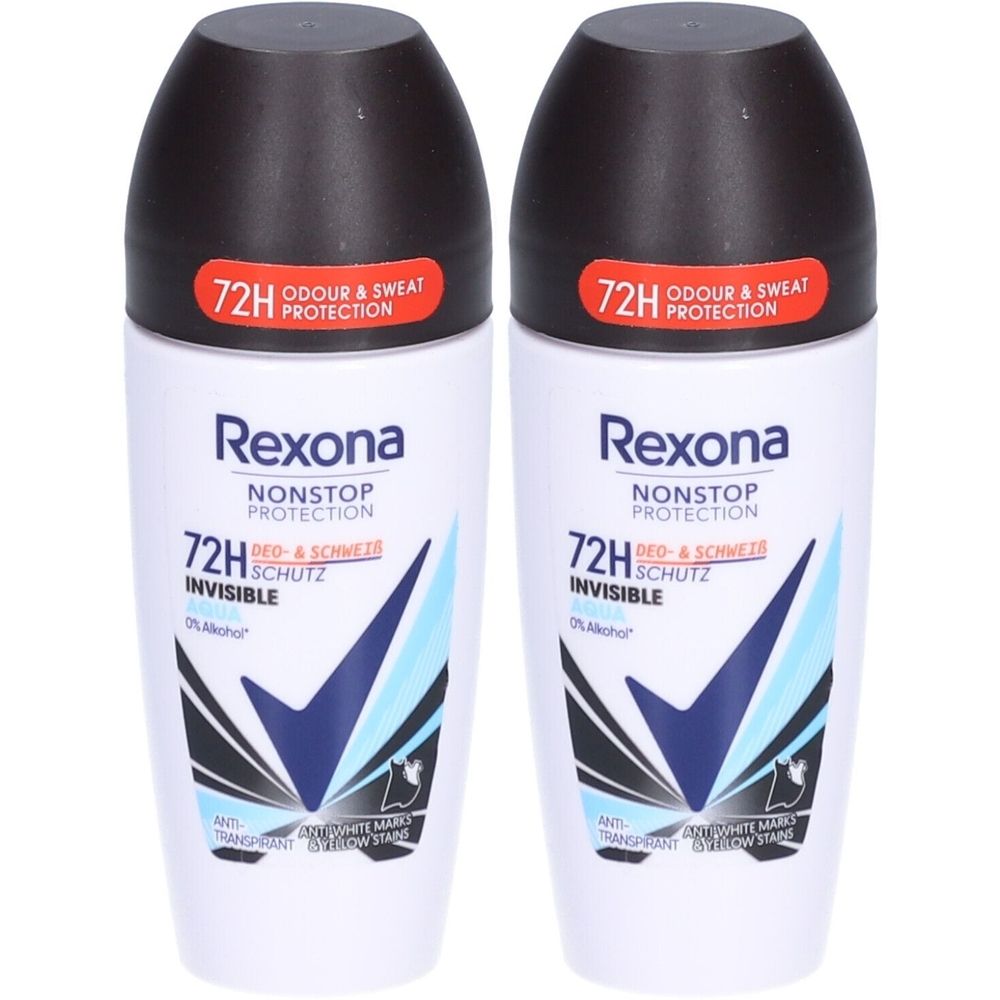 Deux déodorants roll-on Rexona. Flacons blancs avec bouchon noir. Texte: Protection 72H, Invisible, Nonstop Protection.